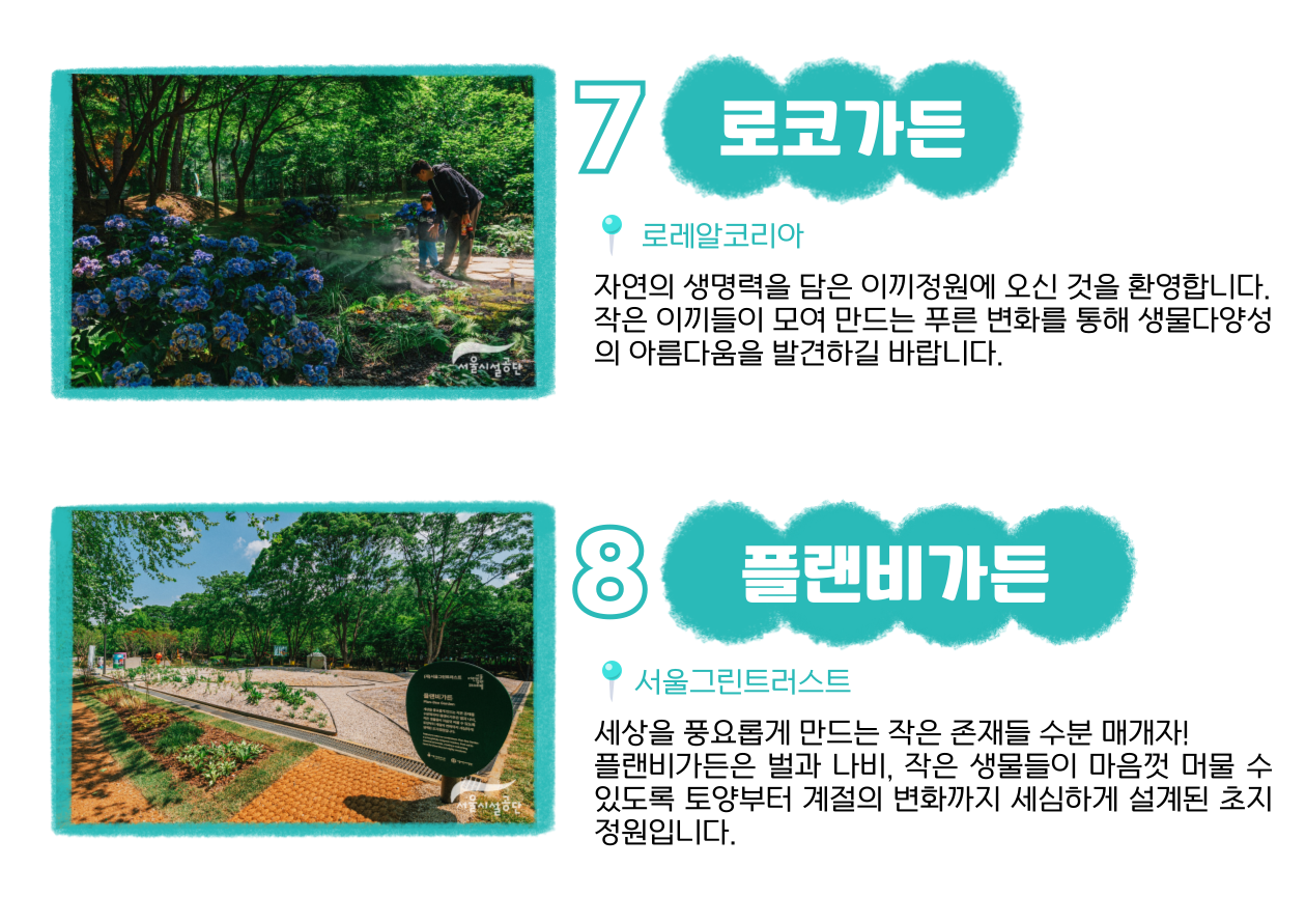 7 로코가든 📍 로레알코리아 : 자연의 생명력을 담은 이끼정원에 오신 것을 환영합니다. 작은 이끼들이 모여 만드는 푸른 변화를 통해 생물다양성의 아름다움을 발견하길 바랍니다. 8 플랜비가든 📍 서울그린트러스트 : 세상을 풍요롭게 만드는 작은 존재들 수분 매개자! 플랜비가든은 벌과 나비, 작은 생물들이 마음껏 머물 수 있도록 토양부터 계절의 변화까지 세심하게 설계된 초지 정원입니다.