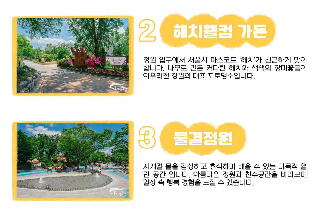2 해치웰컴 가든 : 정원 입구에서 서울시 마스코트 ‘해치’가 친근하게 맞이합니다. 나무로 만든 커다란 해치와 색색의 장미꽃들이 어우러진 정원의 대표 포토명소입니다.  3 물결정원 : 사계절 물을 감상하고 휴식하며 배울 수 있는 다목적 열린 공간입니다. 아름다운 정원과 친수공간을 바라보며 일상 속 행복 경험을 느낄 수 있습니다.