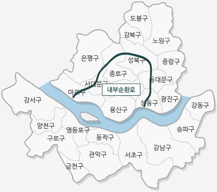 내부순환로는 마포구에서, 서대문구, 종로구, 성북구, 동대문구, 용산구까지 순환하는 도로입니다.(그 외 지도에 기재된 구 : 도봉구, 강북구, 노원구, 은평구, 중랑구, 광진구, 강서구, 양천구, 구로구, 영동포구, 동작구, 관악구, 금천구, 서초구, 강남구, 송파구, 강동구)