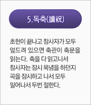 독축(讀祝):초헌이 끝나고 참사자가 모두 엎드려 있으면 축관이 축문을 읽는다. 축을 다 읽고나서 참사자는 잠시 묵념을 하든지 곡을 잠시하고 나서 모두 일어나서 두번 절한다.