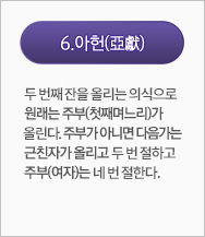 아헌(亞獻):두번째 잔을 올리는 의식으로 원래는 주부(첫째며느리)가 올리다. 주부가 아니면 다음가는 근친자가 올리고 두번 절하고 주부(여자)는 네번 절한다.